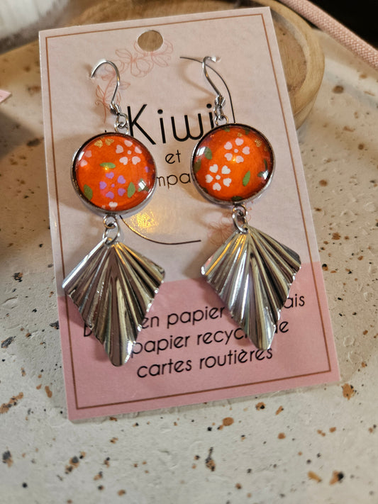 Boucles d'oreilles cabochons ronds 16mm - Acier inoxydable - papier japonais orange floral - breloque losange