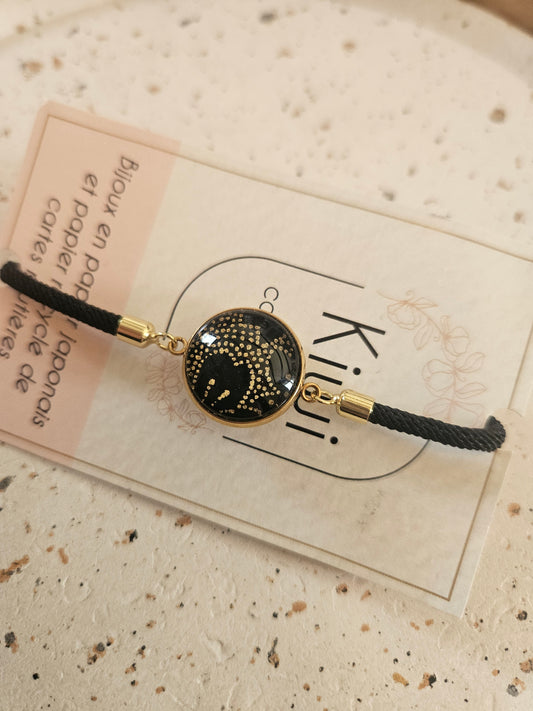 Bracelet réglable en coton noir - cabochon noir et dore
