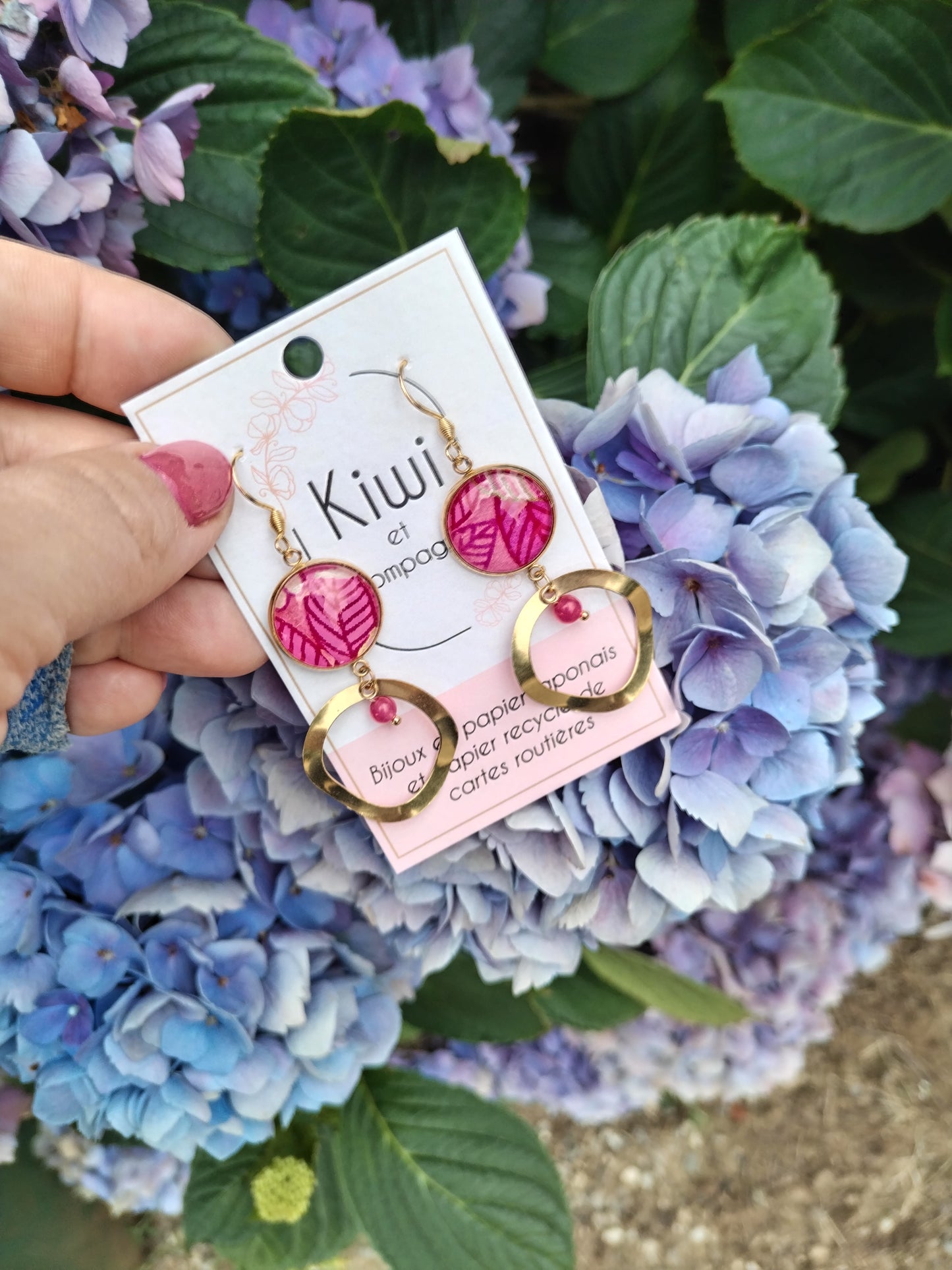 Boucles d'oreilles cabochons ronds 16mm rose- Acier doré -anneau laiton rose
