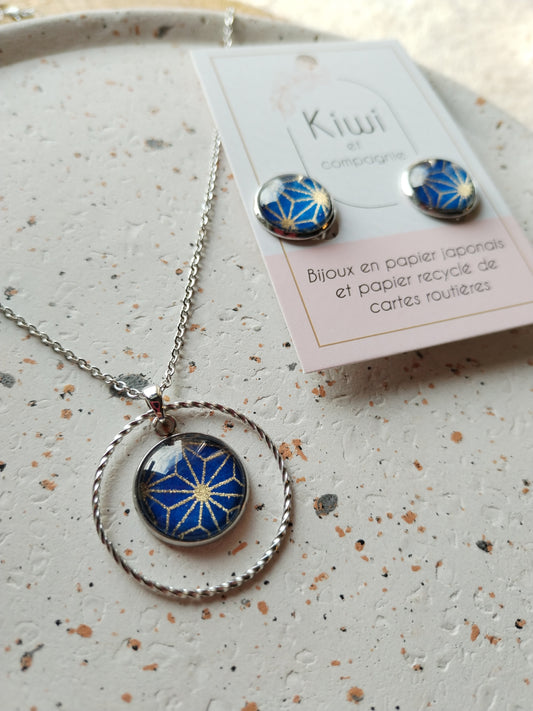 Parure clip /collier bleu et doré