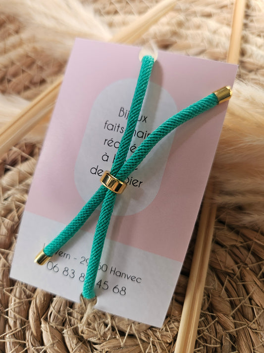 Bracelet réglable en coton turquoise - cabochon fleur bleu et blanc