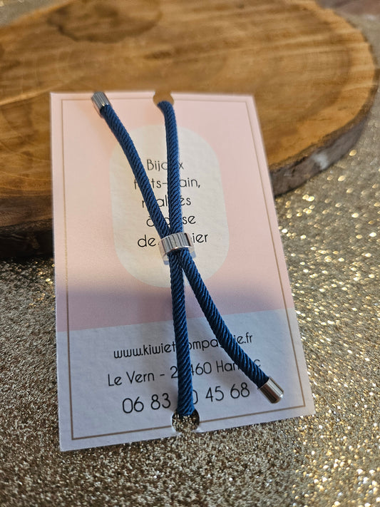 Bracelet réglable en coton bleu foncé- cabochon bleu foncé ligne doré