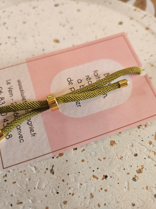 Bracelet réglable en coton vert kaki- cabochon camelia rouge