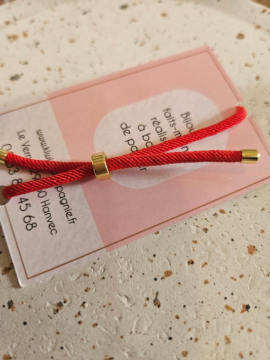 Bracelet réglable en coton rouge - cabochon rouge fleur rose