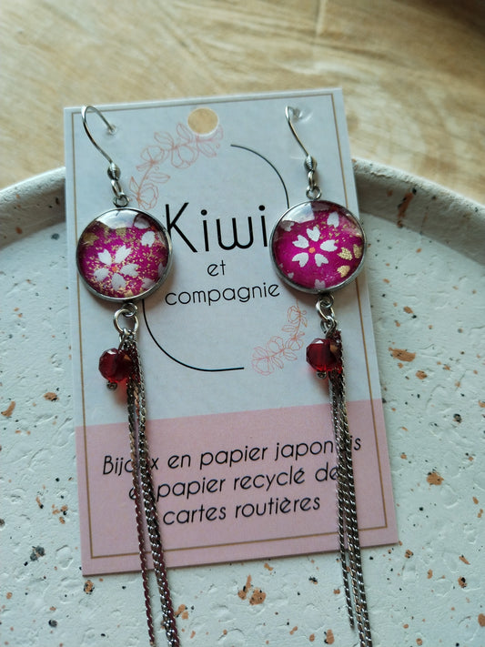 Boucles d'oreilles - Cabochons 16mm - Acier inoxydable - Papier japonais floral framboise, blanc et doré