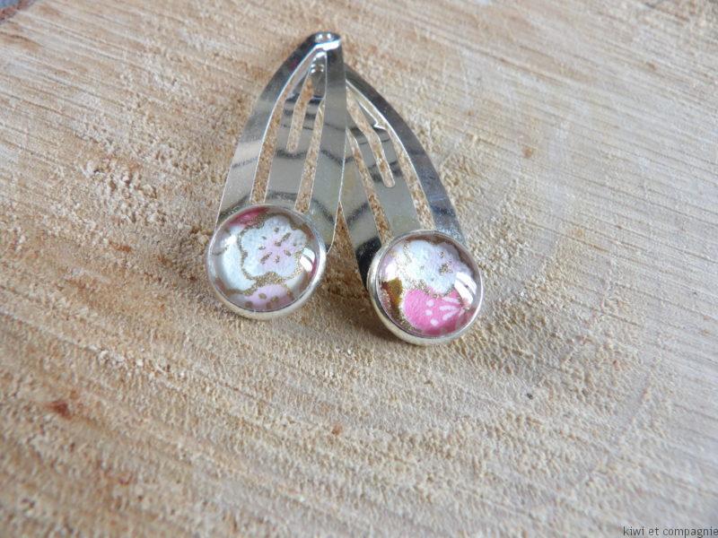 Barrettes double - papier japonais rose et doré