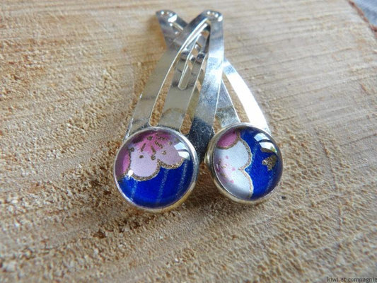 Barrettes double - papier japonais bleu fleur rose