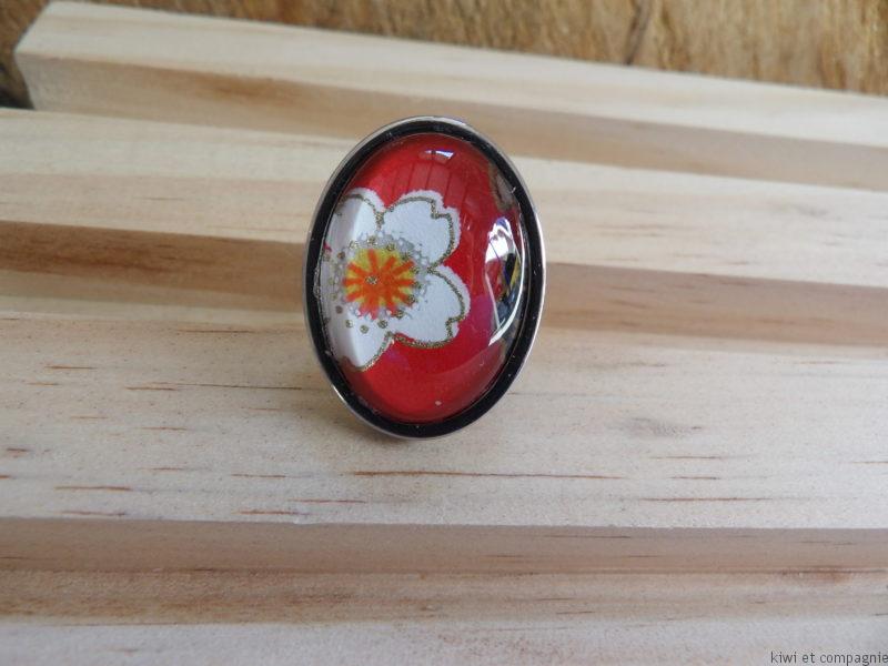 Bague ovale papier rouge acier inoxydable