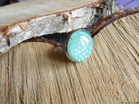Bague ajustable ronde cabochon 20mm - Métal argenté - turquoise pois doré