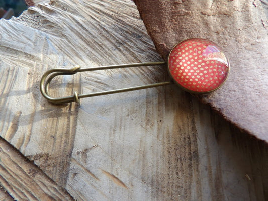 Broche bronze 25mm - corail, pois dorés