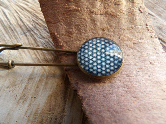 Broche bronze 20mm - bleu graphique blanc