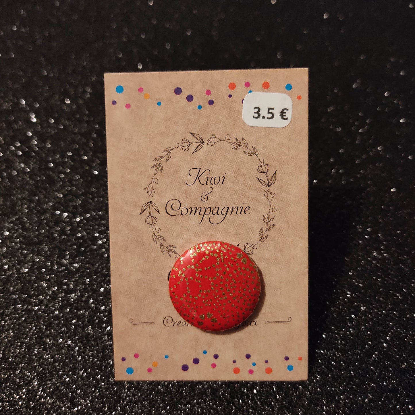 Badge 25 mm - papier japonais, pois dorés fond rouge