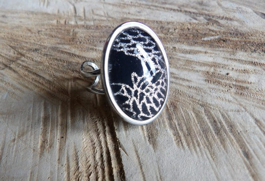 Bague cabochon ovale de 18x25mm - collection silva : noir et argenté - acier inoxydable