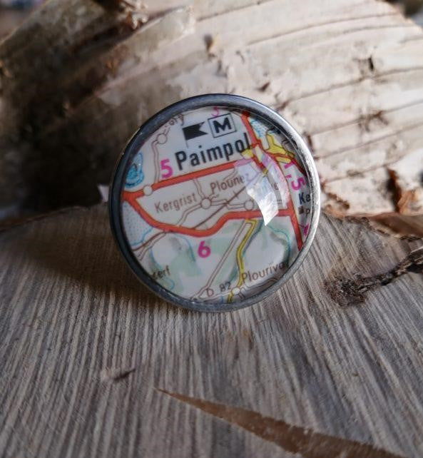 Paimpol (22) - Bague cabochon rond de 25mm - Recyclage carte routière