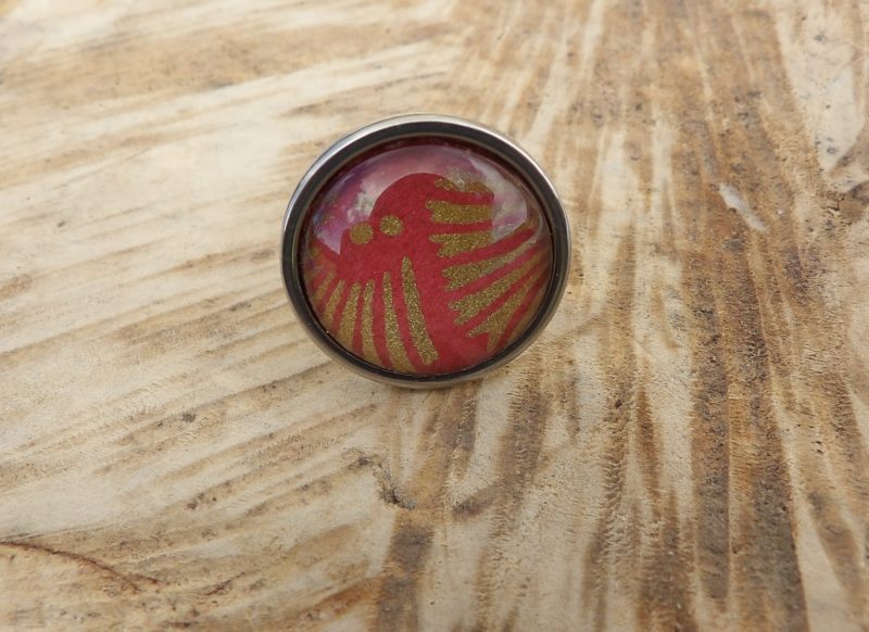 Bague ajustable ronde cabochon 20mm - Métal argenté - papier japonais rose "saumon" et doré