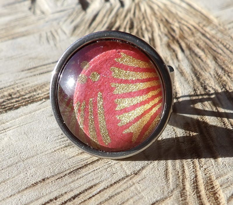 Bague ajustable ronde cabochon 20mm - Métal argenté - papier japonais rose "saumon" et doré