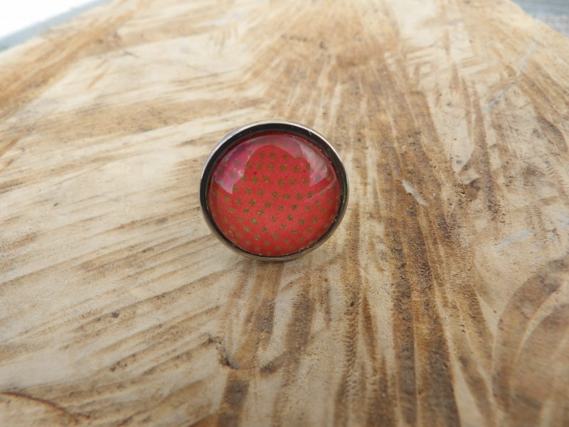 Bague ajustable ronde cabochon 20mm - Métal argenté - papier japonais pois doré et orangé