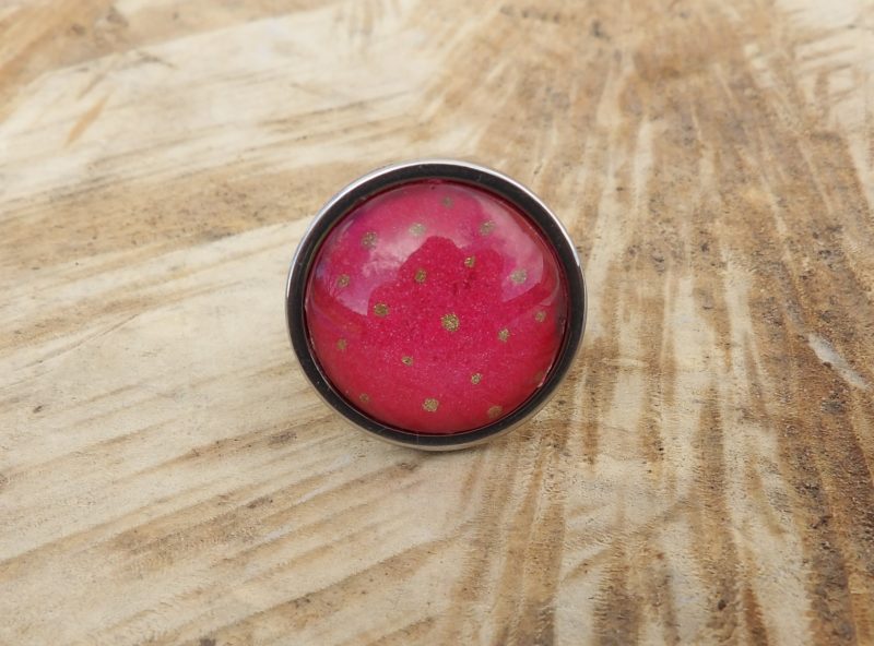 Bague ajustable ronde cabochon 20mm - Métal argenté - papier japonais pois doré et rose