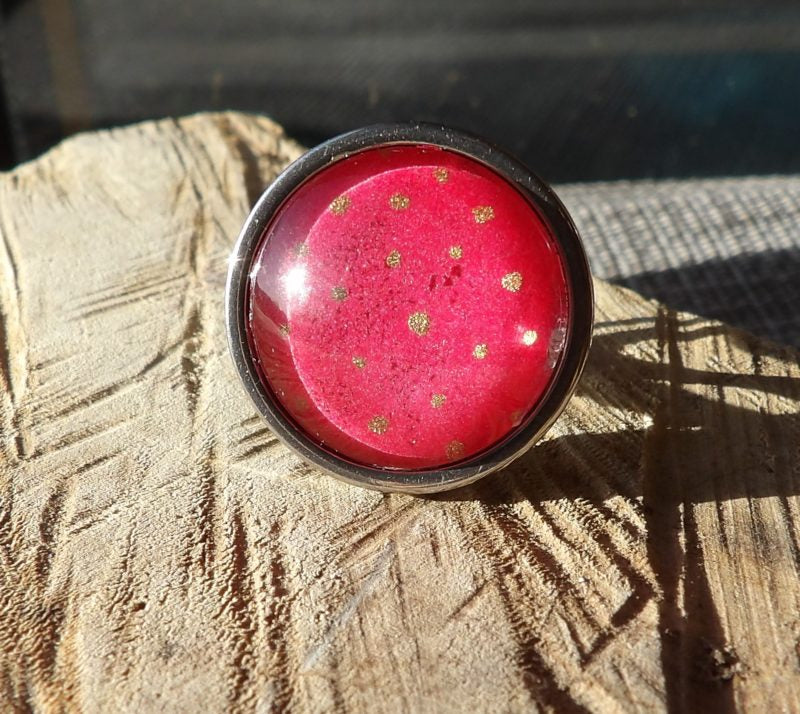 Bague ajustable ronde cabochon 20mm - Métal argenté - papier japonais pois doré et rose