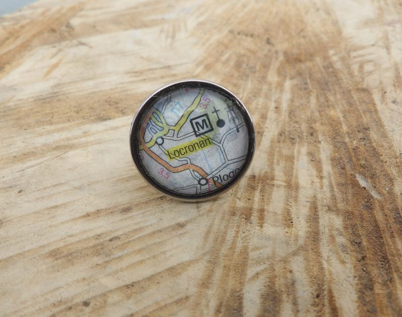 Locronan - Bague cabochon rond de 20mm - Recyclage carte routière