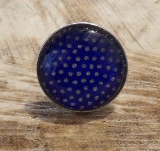 Bague ajustable ronde cabochon 25mm - Métal argenté - Papier japonais bleu pois argentés
