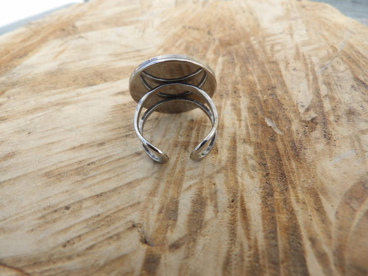 Bague ajustable ronde cabochon 20mm - Métal argenté - papier japonais vieux rose et doré