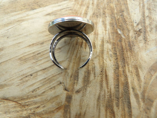 Bague ajustable ronde cabochon 25mm - Métal argenté - Papier japonais floral blanc,rosé et doré fond violet