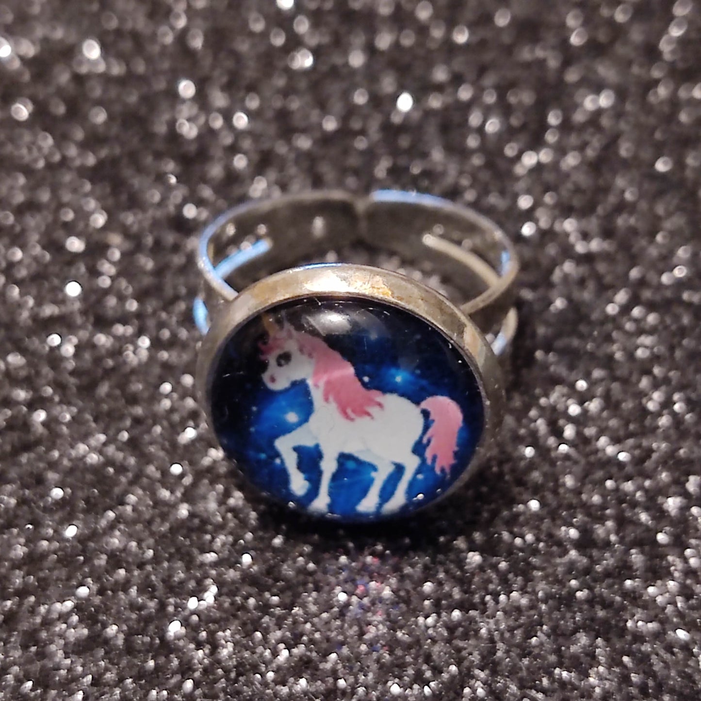 Bague fille - cabochon 12mm - licorne fond bleu nuit
