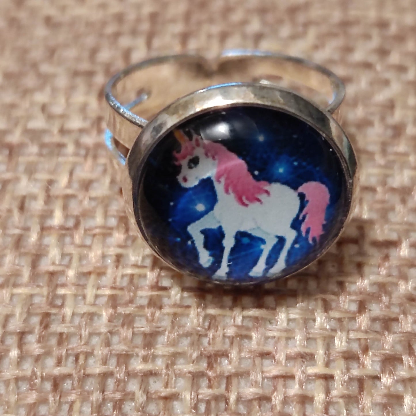 Bague fille - cabochon 12mm - licorne fond bleu nuit