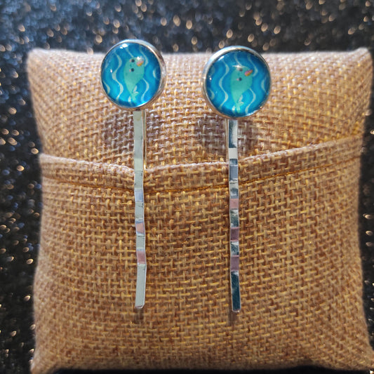 Barrettes double - narval fond bleu vagues