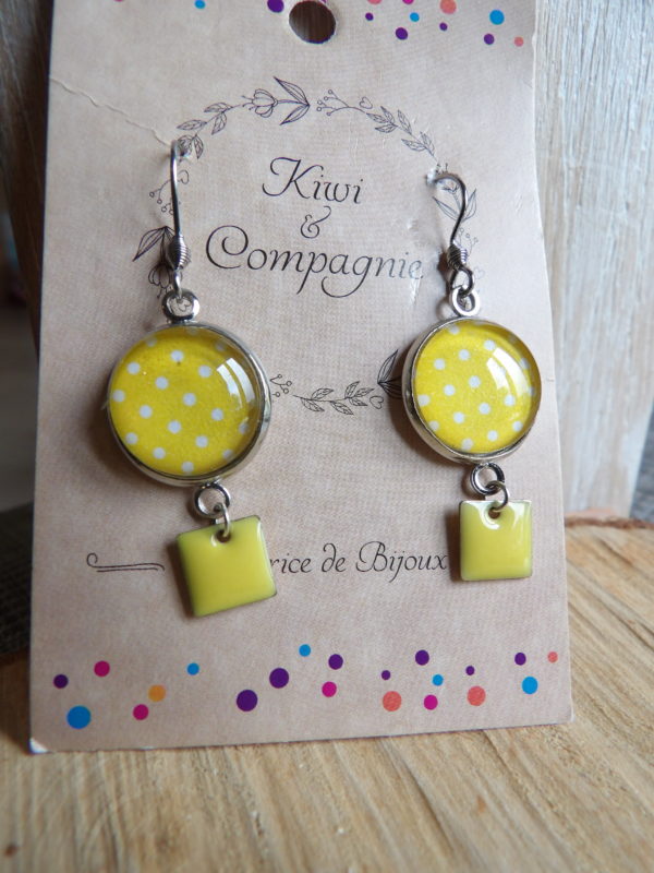 Boucles d'oreilles cabochons 14mm - Métal argenté - pois et sequin jaune