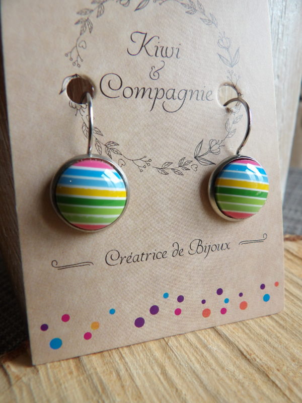 Boucles d'oreilles dormeuses rondes 12mm - Métal argenté - Rayures multicolores