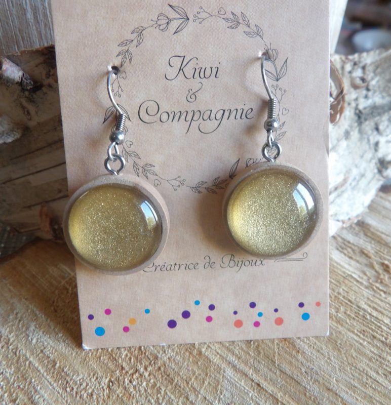 Boucles d'oreilles pendantes bois 19mm - dorée et pailletée