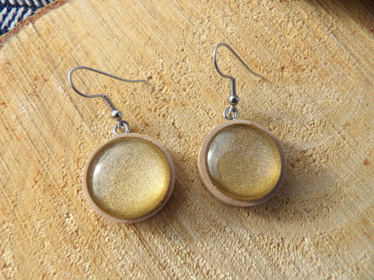 Boucles d'oreilles pendantes bois 19mm - dorée et pailletée