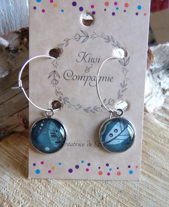 Boucles d'oreilles Créoles 25 mm - cabochons verre 16 mm - feuilles bleues - acier inoxydable