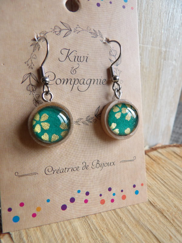 Boucles d'oreilles support bois 15mm - Feuilles dorées et fond vert