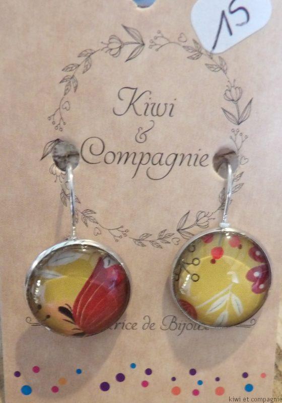 Boucles d'oreilles dormeuses rondes 20mm - Acier inoxydable - floral rouge et moutarde