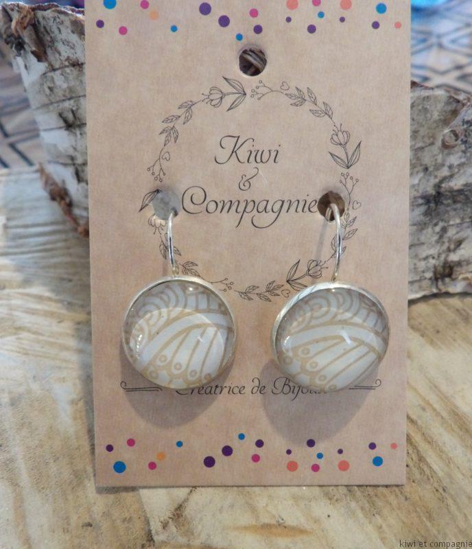 Boucles d'oreilles dormeuses rondes 20mm - Acier inoxydable - graphique crème et blanc