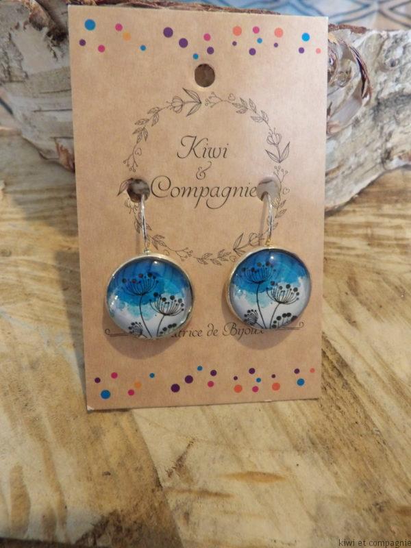 Boucles d'oreilles dormeuses rondes 20mm - Acier inoxydable - floral fond bleu et blanc