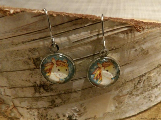 Boucles d'oreilles courtes - modèle enfant avec cabochons ronds 12mm - cheval