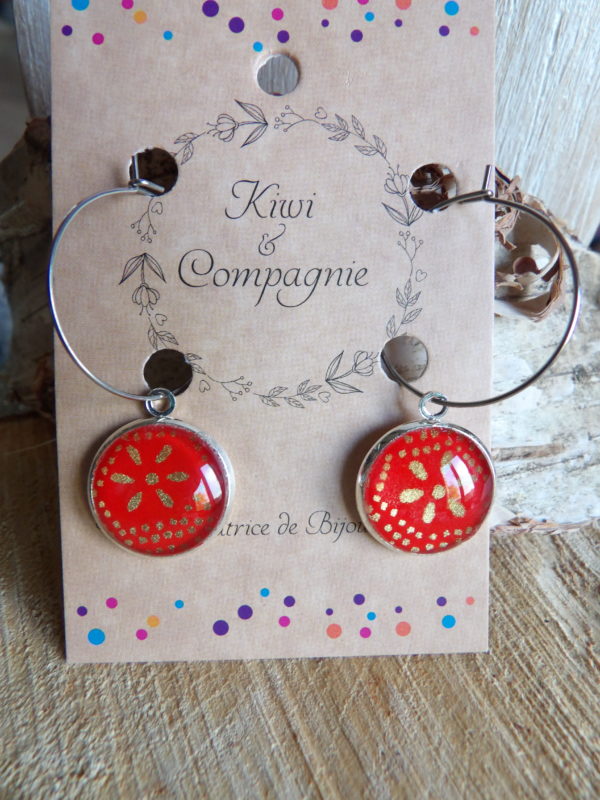 Boucles d'oreilles Créoles 25 mm - cabochons verre 16 mm - papier japonais rouge et doré - acier inoxydable