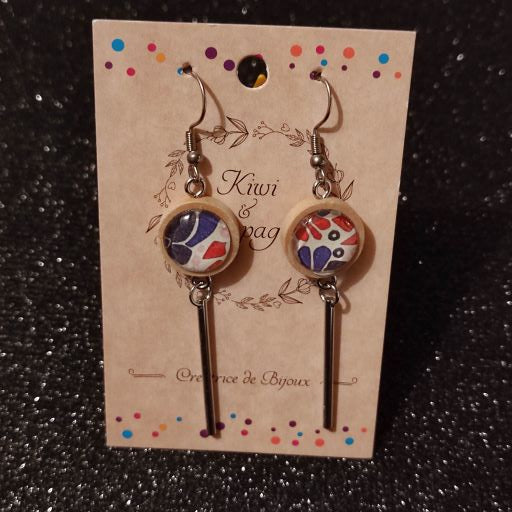 Boucles d'oreilles support bois 15mm avec tube métal - Graphique rouge blanc fond blanc