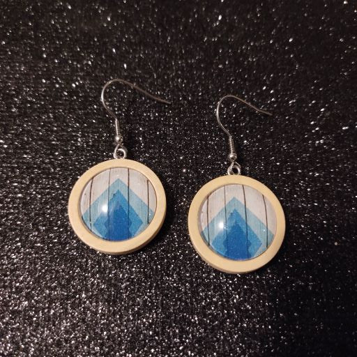 Boucles d'oreilles pendantes bois 25mm - graphique bleu et beige