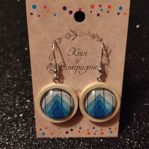 Boucles d'oreilles pendantes bois 25mm - graphique bleu et beige