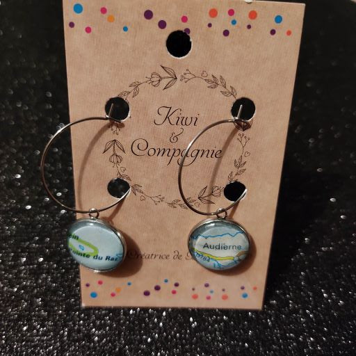 Boucles d'oreilles Créoles 25 mm - cabochons verre 16 mm - recyclage carte routière (Pointe du Raz - Audierne) - acier inoxydable