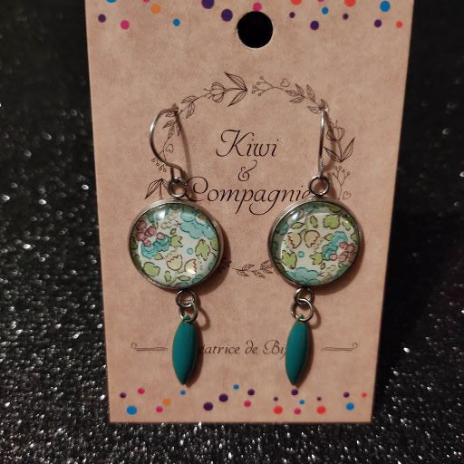 Boucles d'oreilles cabochons ronds 16mm - Métal argenté - floral vert et blanc - sequin bleu turquoise