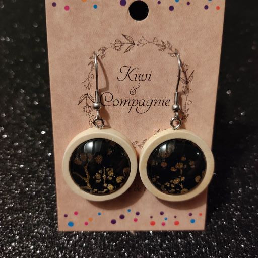 Boucles d'oreilles pendantes bois 25mm - Noire et dorée