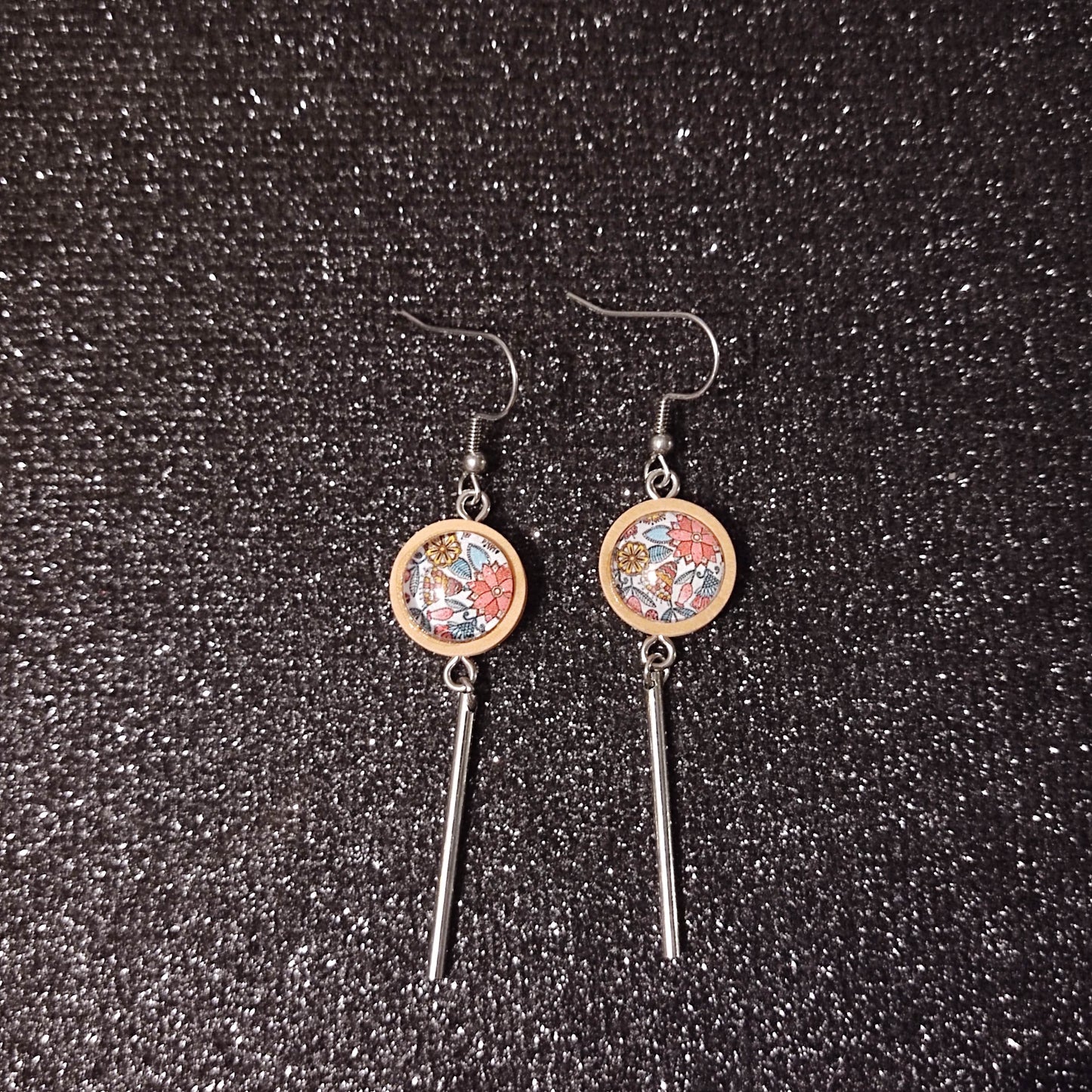 Boucles d'oreilles support bois 15mm avec tube métal - Floral multicouleurs
