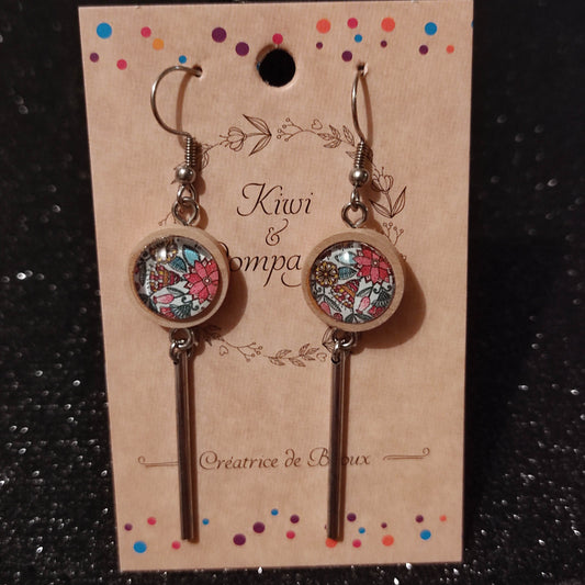 Boucles d'oreilles support bois 15mm avec tube métal - Floral multicouleurs