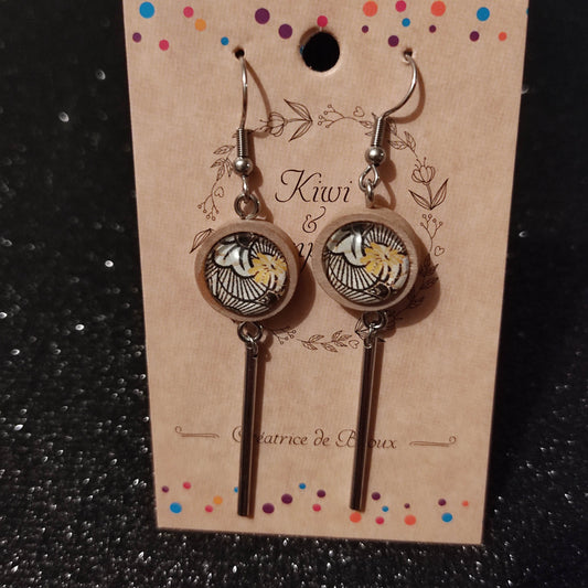 Boucles d'oreilles support bois 15mm avec tube métal - Wax noir et jaune, fond blanc